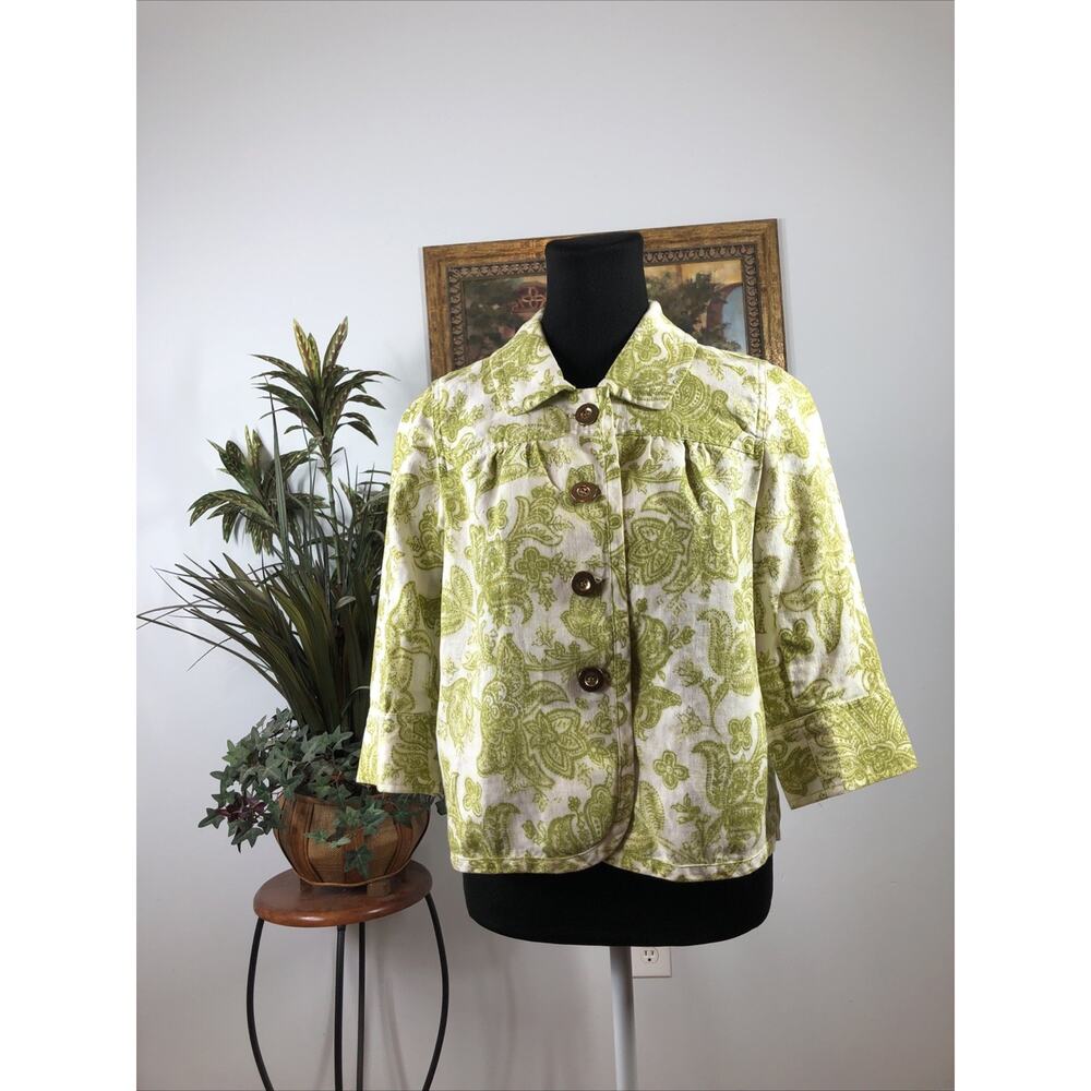 CHARTER CLUB Women 100% linen Blazer Size Small 3/4 Sleeve Floral Print Botton